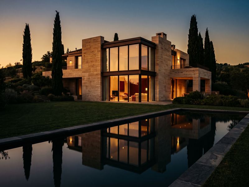 Villa contemporanea con piscina al tramonto